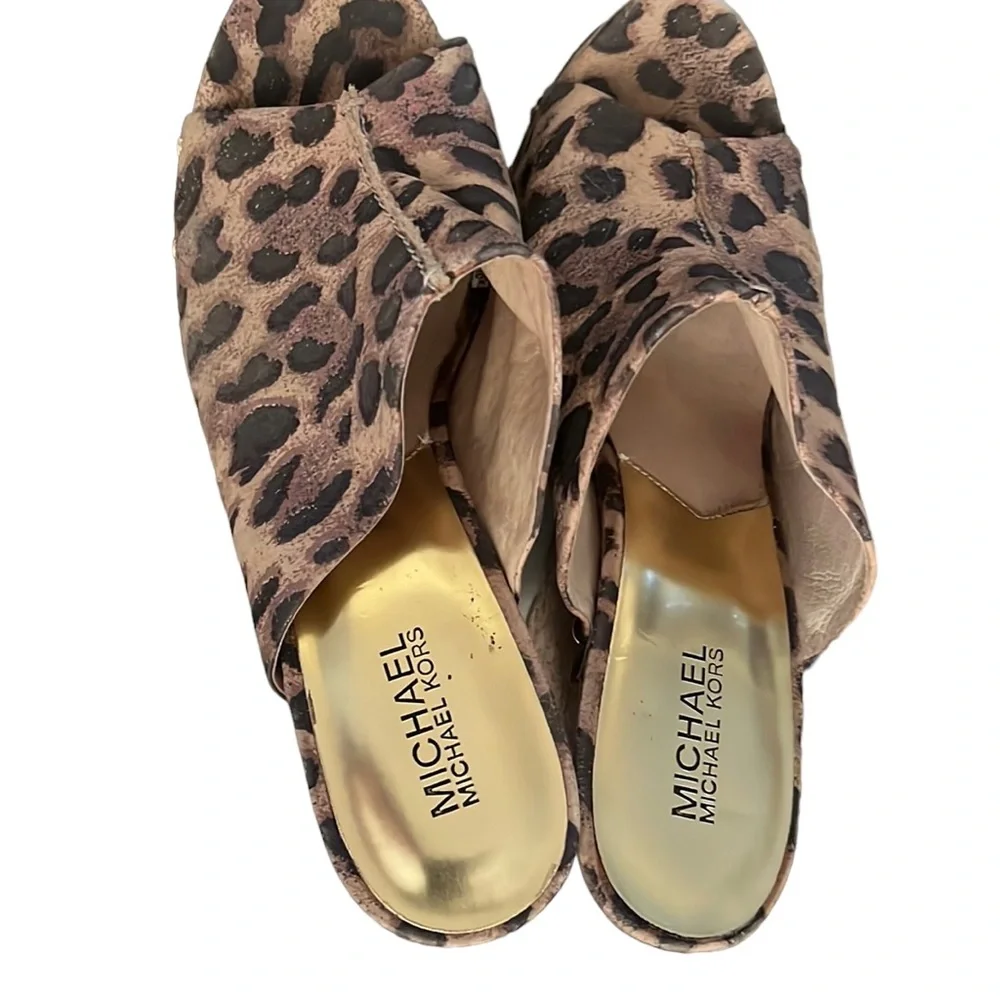 Micheal Kors size 10 leopard print platform wedge cork heel genuine leather
